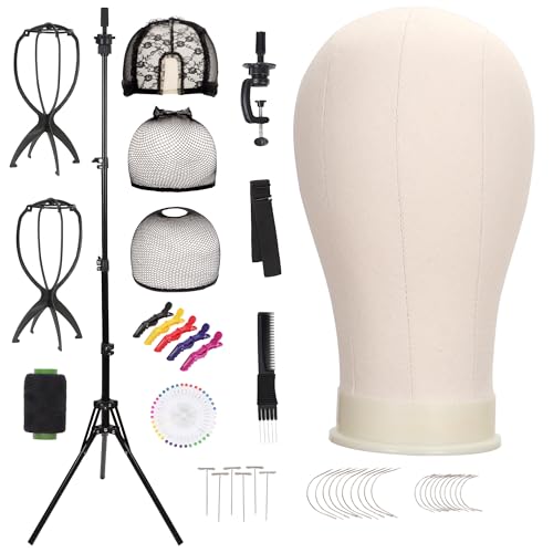 Demides 22'' Canvas Wig Head with 61'' Adjustable Tripod Stand, Mannequin Head Set for Styling, Display – Includes Caps, Elastic Bands, Stand & Tool Kit for Beginners and Professionals