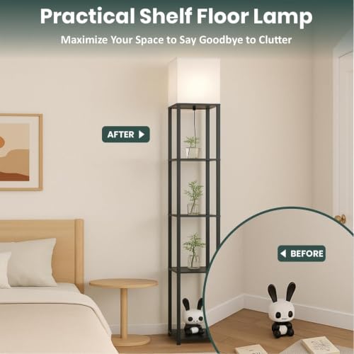 Image of 5 Tier Metal Floor Lamp with Wooden Shelves /Modern Standing lamp with 3 Adjustable Color Mode /Corner Bright Lamp for Decoration /Energy Efficient Night Lamp for Bedroom /Living Room /Home Decor