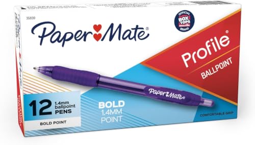 Image of Paper Mate Profile Retractable Ballpoint Pens,Bold (1.4mm),Purple,12 Count (Pack of 12)