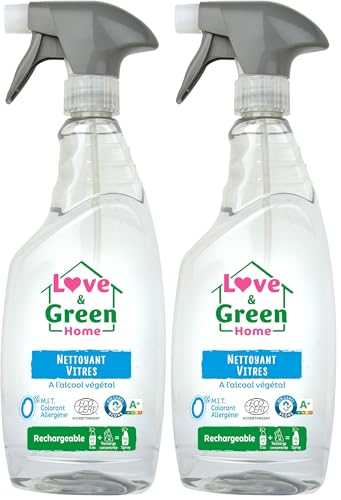 Love & Green Home Spray Nettoyant vitres écologique rechargeable à l'alcool végétal. Certifié Ecodétergent par Ecocert - 750ml (Lot de 2)