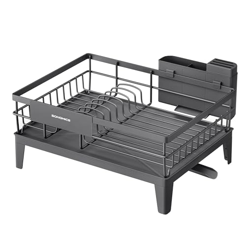 SONGMICS Abtropfgestell Geschirr, Geschirr-Abtropfständer, 360° drehbarer und ausziehbarer Ablauf, Abtropfschale, Besteckhalter, Küche, 31 x 42 x 18,5 cm, anthrazitgrau KCS550GT01