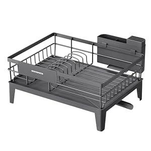 SONGMICS Abtropfgestell Geschirr, Geschirr-Abtropfständer, 360° drehbarer und ausziehbarer Ablauf, Abtropfschale, Besteckhalter, Küche, 31 x 42 x 18, 5 cm, anthrazitgrau KCS550GT01