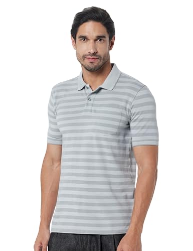 Image of Peter England Men's Cotton-Polyester Blend Striped Polo T-Shirt | Casual Wear | Durable & Trendy