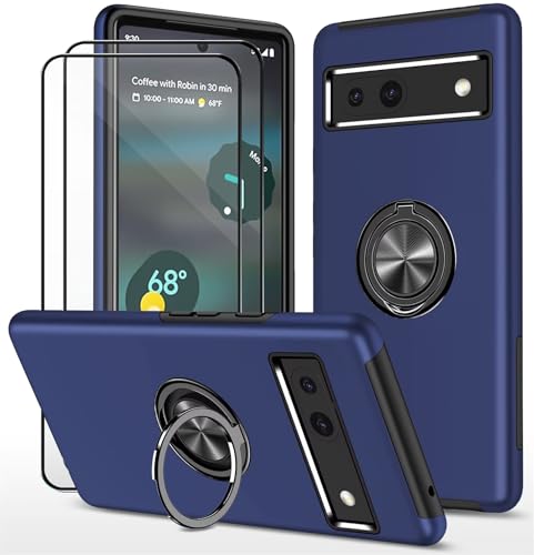 Dechyi Coque pour Google Pixel 7a (6.1") et 2 pièces Verre trempé Housse Etui Support de Bague résistant aux Chocs résistant aux Rayures PC Silicone Heavy Duty Robuste Durable- Bleu