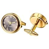 OIDEA Watch Cufflinks for Men: Fashion Round Analog Quartz Real Working Watch Cufflinks Pair Business Dress Roman Numerals Watch Cuff Links Gift for Him, Gold Case Black Dial