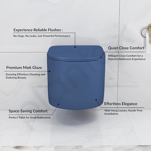 Image of Plantex Imported Ceramic Wall Hung Commode /Rimless Washdown Western Toilet /Commode with Soft Close Toilet Seat - P Trap (Round- Dark Blue)
