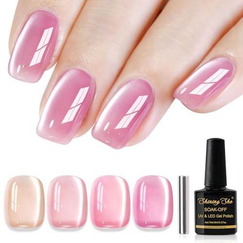 Shining She Pintauñas Semipermanentes de Uñas en Gel UV LED,4 Colores Primavera Verano Jelly Vidrio Cristal Nude Rosa Ojo de Gato Semipermanente para Manicura Salón, 8ML