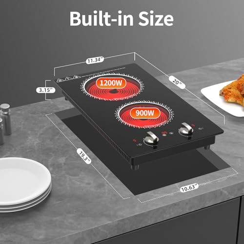 Image of 2 Burner Electric Cooktop - 12 Inch Electric Stove Top with Plug, 2100W Countertop Burners & Built-In Stove Top, 9 Levels of Power, Knob Control, Timer & Kid Safety Lock, Residual Heat Warning