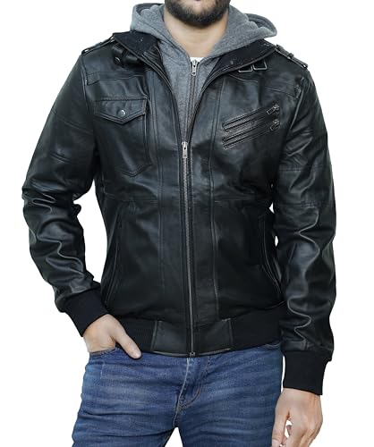 Hooded Leather Motorcycle Jacket Men - Bomber Leather Jackets For Men with Removable Hood