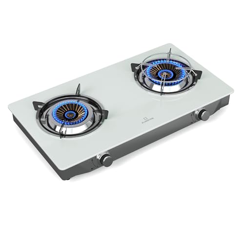 Klarstein Barzona Plaque de Cuisson Gaz, 2 Brûleurs, 7,7kW, Acier Inox & Verre, Allumage Piézo, Sécurité FFD, Conception Compacte et Portable, Portable Camping, Blanc