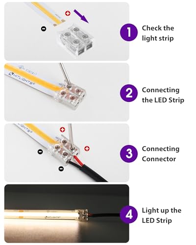 HitLights - 12 Pack 10mm Solderless 2 Pin LED Connector, Clear LED Tape Connector with Screwdriver Strip for 12V 24V Single Color LED Light Strips