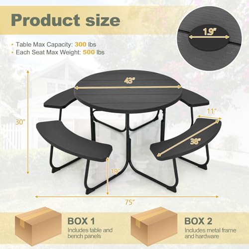 Image of Tangkula 8 Person Picnic Table, Outdoor Round Picnic Table with 4 Built-in Benches, Umbrella Hole, Metal Frame & HDPE Tabletop, Outside Table and Bench Set for Backyard, 2300lbs Weight Capacity