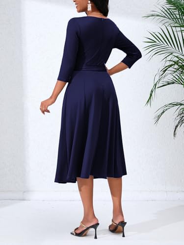 Image of PerZeal Women's Caual Midi Dress 3 /4 Sleeve Crewneck A-line Swing Dress for Women with Belt for Wedding Guest & Cocktail Party Navy Medium
