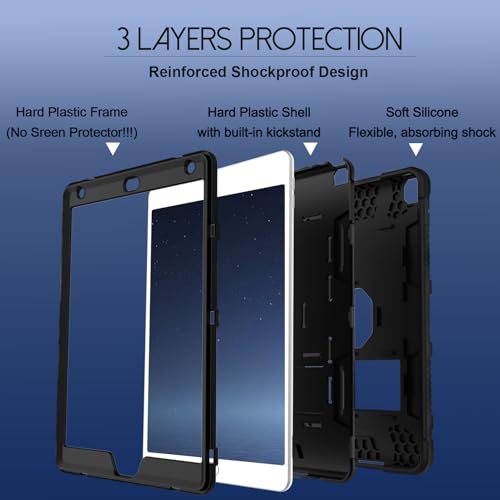 Rantice iPad 6th Generation Cases , 5th Case , Air 2 9.7 Shockproof Rugged Drop Protection Cover Built with Kickstand for 9.7'' A1893/A1954/A1822/A1823 (Black)