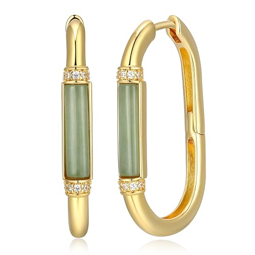 .925 Sterling Silver 14K Yellow Gold Plated Hoop Earrings for Women with Cubic Zirconia - Hypoallergenic and Lightweight Genuine Jade Gemstones Gold Hoops Jewelry for Her