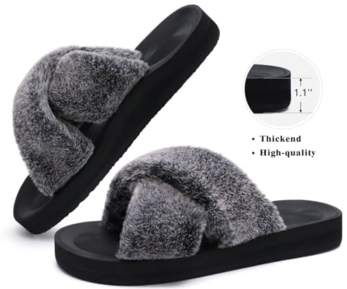 Image of COFACE Womens Fuzzy Slides Fluff Faux Fur Cross Slippers Open Toe Yoga Mat House Slipper Sandals With Arch Support For Indoor /Outdoor