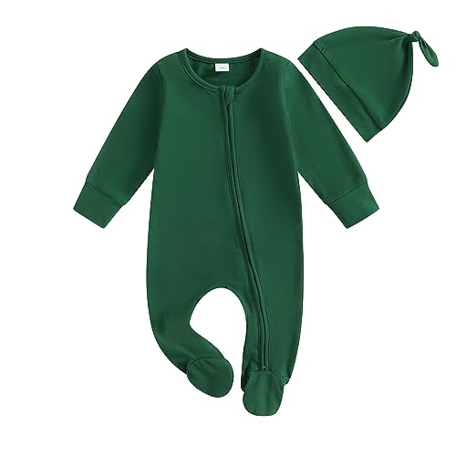 Ayalinggo Newborn Baby Girl Boy Clothes Infant Long Sleeve Soild Footed Romper Zipper Footie Jumpsuit With Hat Fall Outfit