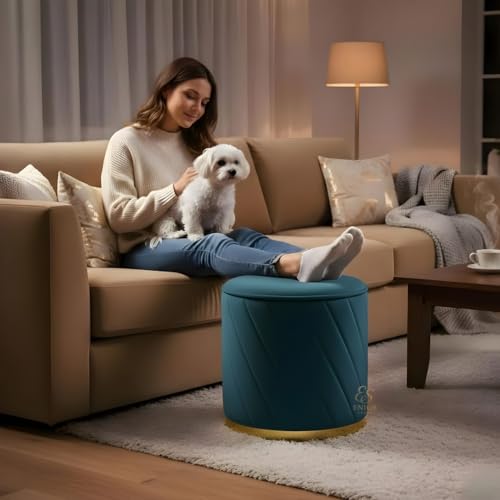 Image of Premium Velvet Ottoman Stool | Modern Round Pouffe with Gold Base | Multipurpose Seating | Living Room & Bedroom Decor (Aqua Set of 2)