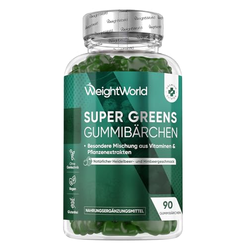 Super Greens Gummibärchen - 90 Vegane Gummibärchen - Mit Vitamin B Komplex & Zink - Natürlicher Heidelbeer- & Himbeergeschmack - Besondere Mischung aus Vitaminen und Pflanzenextrakten - WeightWorld