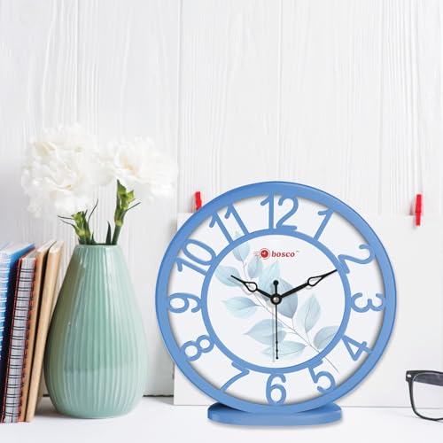 Image of Bosco Analog Non Ticking Silent, Soft Blue Border with Leaf Print, 20 CM Table Cum Round Wall Clock, for Home, Living Room, Bed Room, Office and Kitchen | BWC-1209