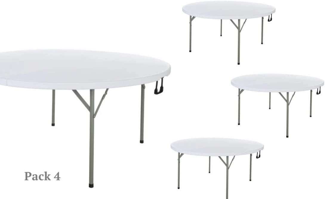 4 Pack 60 In. White Round Bi-Folding Table Round Tables For Parties Plastic Circle Table Outdoor Round Bi-Folding Table Foldable Round Table Portable Bar Table For Party Bi-Folding Desk Round Fold Up