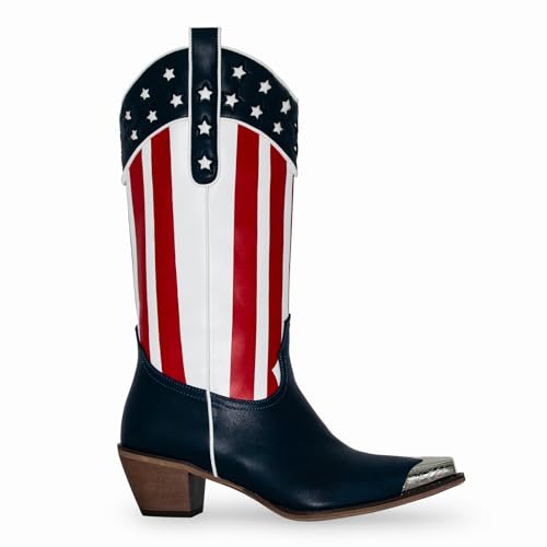 RKQ Women's Flag Mid Calf Cowboy Boots Chunky Block Heel Pull On Wide calf Metal Pointed Toe Western Cowgirl Booties classic sexy party Boots3