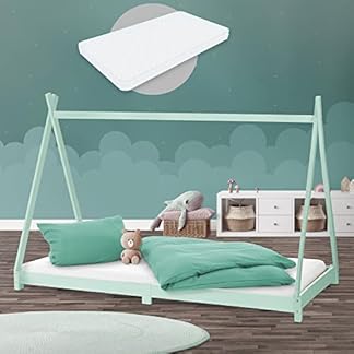 ML-Design Kinderbett Tipi 90x200 cm Mint mit Matratze H:10cm & Lattenrost, Indianer Bett Massivholz, Kiefernholz, Hausbett für Mädchen/Jungen, Kinderhaus Jugendbett Holzbett Bettenhaus Spielbett Zelt