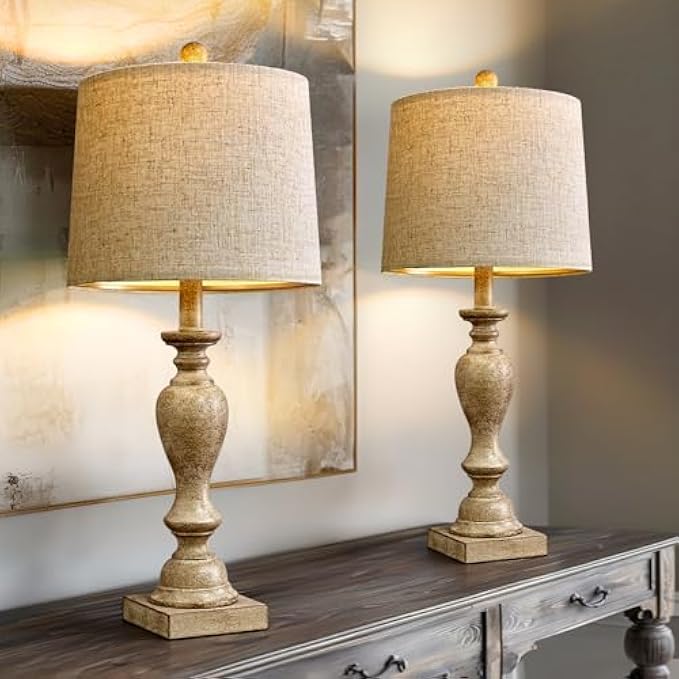 PORTRES 24.5" Table Lamp Set of 2 for Bedroom Table Desk Lamps for Living Room Kids Room Study Room Office Rustic Table Lamps Resin