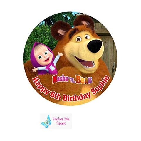 Masha and the Bear Cake Topper Icing Sugar Personalised 7.5" Red Font Cover