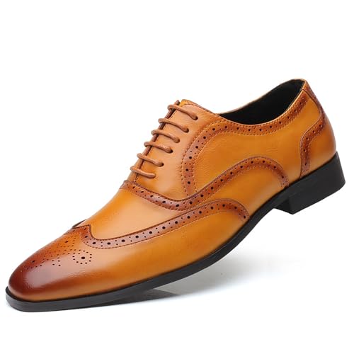 Men's Leather Brogues Low Heel Dress Shoes Classic Round Toe Lace-Up Wingtip Business Oxford Shoes for Driving Office Business Wedding