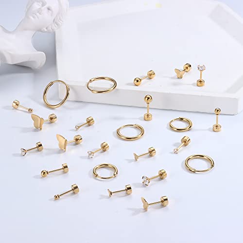 Drperfect Gold Stud Earrings Flat Back Earrings for Women Men Stainless Steel Earring Sets for Multiple Piercing Tiny Cubic Zirconia Ball Butterfly Cartilage Earring Hoop Stud Nap Earrings for Sleeping2