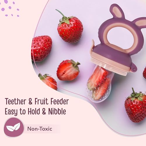Image of LuvLap Silicone Food /Fruit Nibbler with Extra Mesh, Soft Pacifier /Feeder, Teether for Baby, Infant, Bunny Violet & Pink (Pack of 4)
