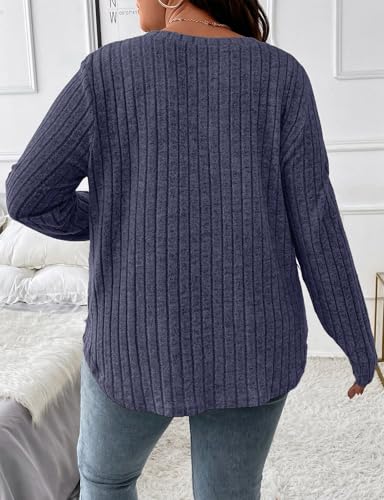 Image of Koscacy Women Plus Size Casual Knit Sweater V Neck Solid Color Tops Lightweight Long Sleeve Blouses