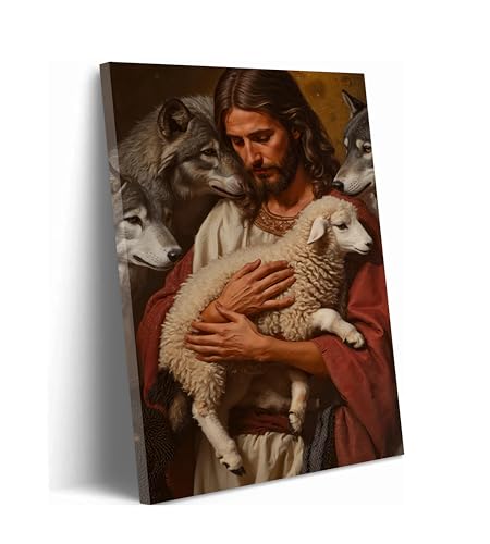 Jesus and Lamb Canvas Wall Art Jesus Saves the Lost Lamb Painting Picture Wall Decor Christian Shepherd Religious Poster Print Artwork for Church Room Living Bedroom Office Home Decoration Framed