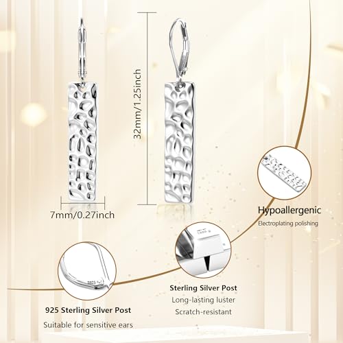 ALEXCRAFT 925 Sterling Silver Dangle Earrings for Women, 14K Gold Plated French Leverback Earrings, Hypoallergenic Lightweight Statement Hammer Square Bar Long Drop Earing for Women Trendy Jewelry3