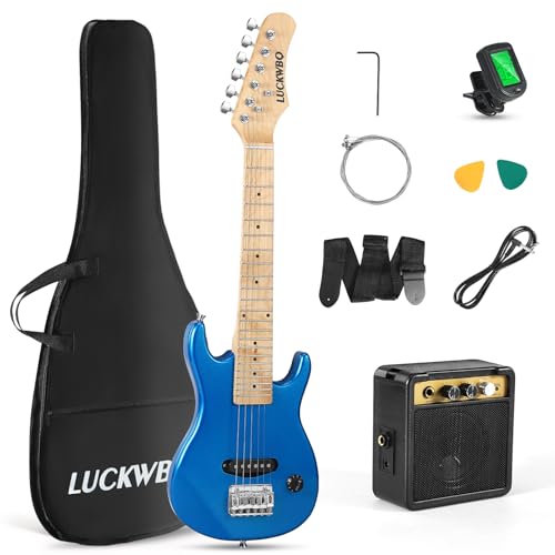 Image of 30 Inch Kids Electric Guitar Beginner Kits ST Style Mini Electric Guitar for Boys Girls，Electric guitar Starter Kit w / 5W Amplifier, Strap, Gig Bag, Strings, tuner，strings，Picks （Blue）