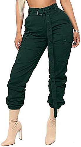 Voghtic Women's Active Loose Fit Military Pockets High Waisted Solid Cargo Pants with Belt
