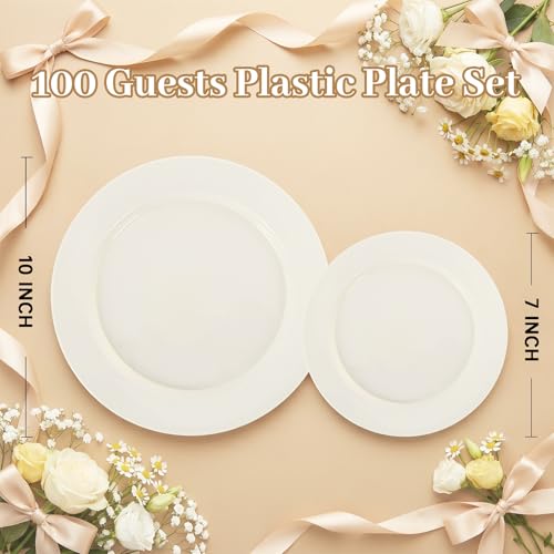 Image of I00000 200 Pcs Ivory Plastic Plates, Disposable Party Plates Include 100 Ivory Dinner Plate 10'' and 100 Plastic Dessert Plate 7'' Perfect for Birthday, Party & Wedding