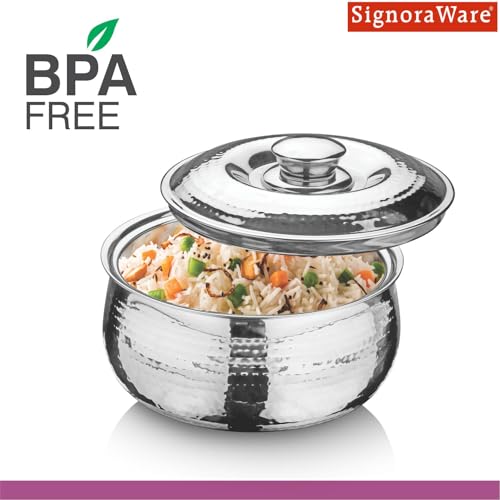 Image of Signoraware Hot Delight Hammered Stainless Steel Casserole | Airtight Lid | Retain Freshness | Great For Travelling or Small Gatherings | Perfect For Hot Curry, Chapatti & Rice (1.5 Ltr | Steel)