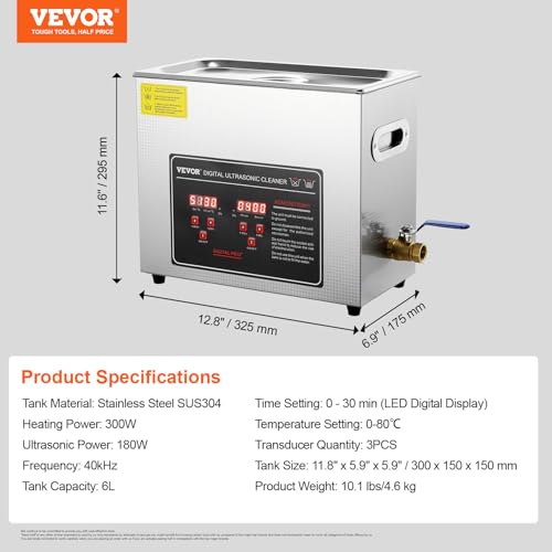 VEVOR 6L Ultrasonic Cleaner with Digital Timer & Heater, Professional Industrial Cleaner for Glasses Watch Rings Small Parts Circuit Board