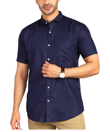 Image of MILDIN Men's Cotton Blend Solid Shirt with Spread Collared Half Sleeve Curved Hemline Button Closure Regular Fit and One Pocket | Half Sleeve Shirt for Men