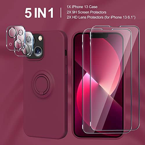 Mocca [5 In 1 Compatible With Iphone 13 Case With Ring Kickstand,With 2 Pack Screen Protector + 2 Pack Camera Lens Protector, Full-Body Anti-Scratch Phone Case For Iphone 13 6.1Inch - Winered #TOP1
