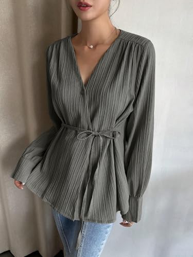 Image of Leriya Fashion Women's V-Neck Pleated Tunic Top - Long Sleeve Drawstring Waist Summer Blouse, Lightweight Casual Shirt for Office, Travel, Daily