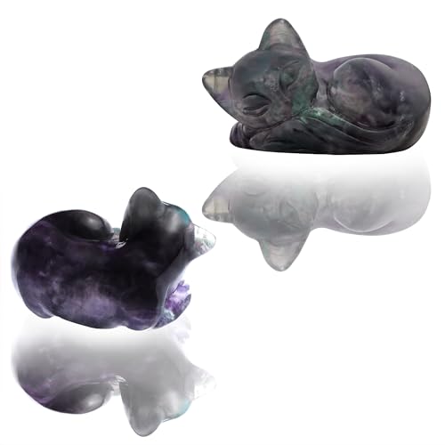 Figura de gato durmiendo en piedra Rainbow Fluorite 2 pulgadas miniatura 2
