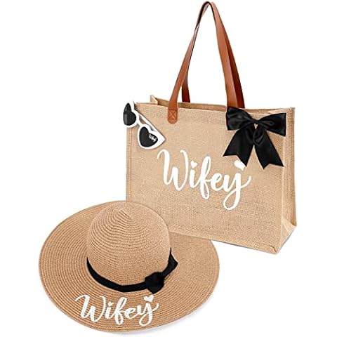 Percozzi Wifey Tote Bag Sun Hat Glasses Set Bride-To-Be Bridal Shower Gift for Future Mrs. Honeymoon Jute Tote Bag Kit Summer Beach Present for Wife Set of 3 Cover