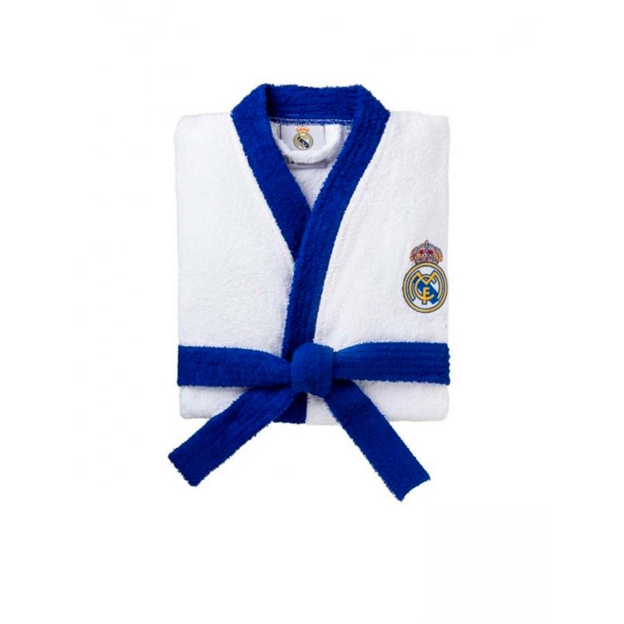 Real Madrid Albornoz Oficial, 100% Algodón, Blanco y Azul, Con Logotipo Bordado, 400g/m² Tallas Infantil y Adulto (FR/ES, Letras, XL