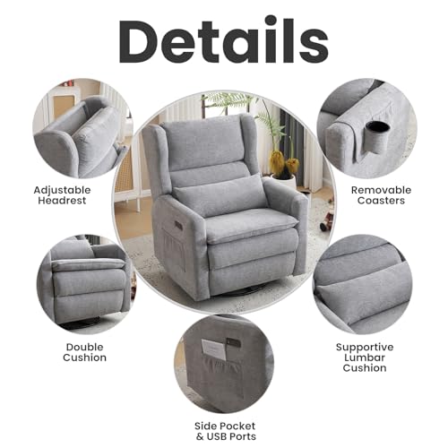 Image of Oversized Swivel Rocker Recliner with Adjustable Headrest, 26 inch Extra Wide Glider Recliner Nursery Chair with Double Cushion, Chenille Glider Rocking Chair for Living Room,Cup Holder,Grey