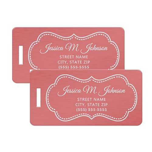 Personalized Luggage Tags, Set of 2 (Johnson Design, Rose Color) - Metal Luggage Tags with Engraved Name, Unique Travel Bag Tags for Luggage, Can Also Be Suitcase Tags