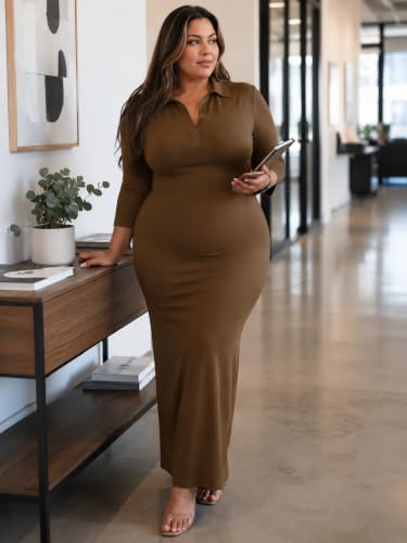 Image of PinkPatty Women's Casual 3 /4 Sleeve Polo V Neck Bodycon Maxi Dress | Semi formal, modest style, long fitted, versatile for church, work, business, office and daily wear