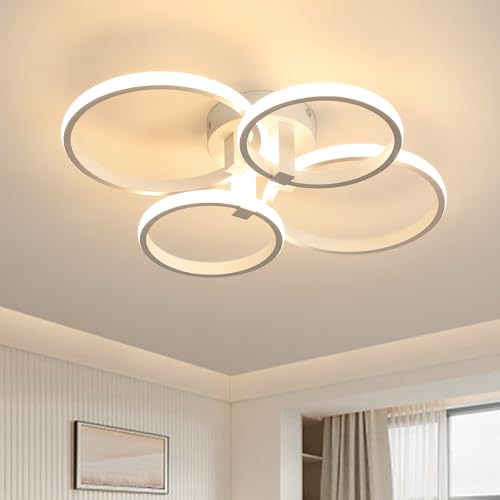 Moderno Design: Plafoniera led soffitto moderna ad anelli è composto da 4 anelli intrecciati e sfalsati. l'illuminazione ambientale a 360 ° può illuminare l'intera stanza, l'effetto luminoso è morbido e caldo